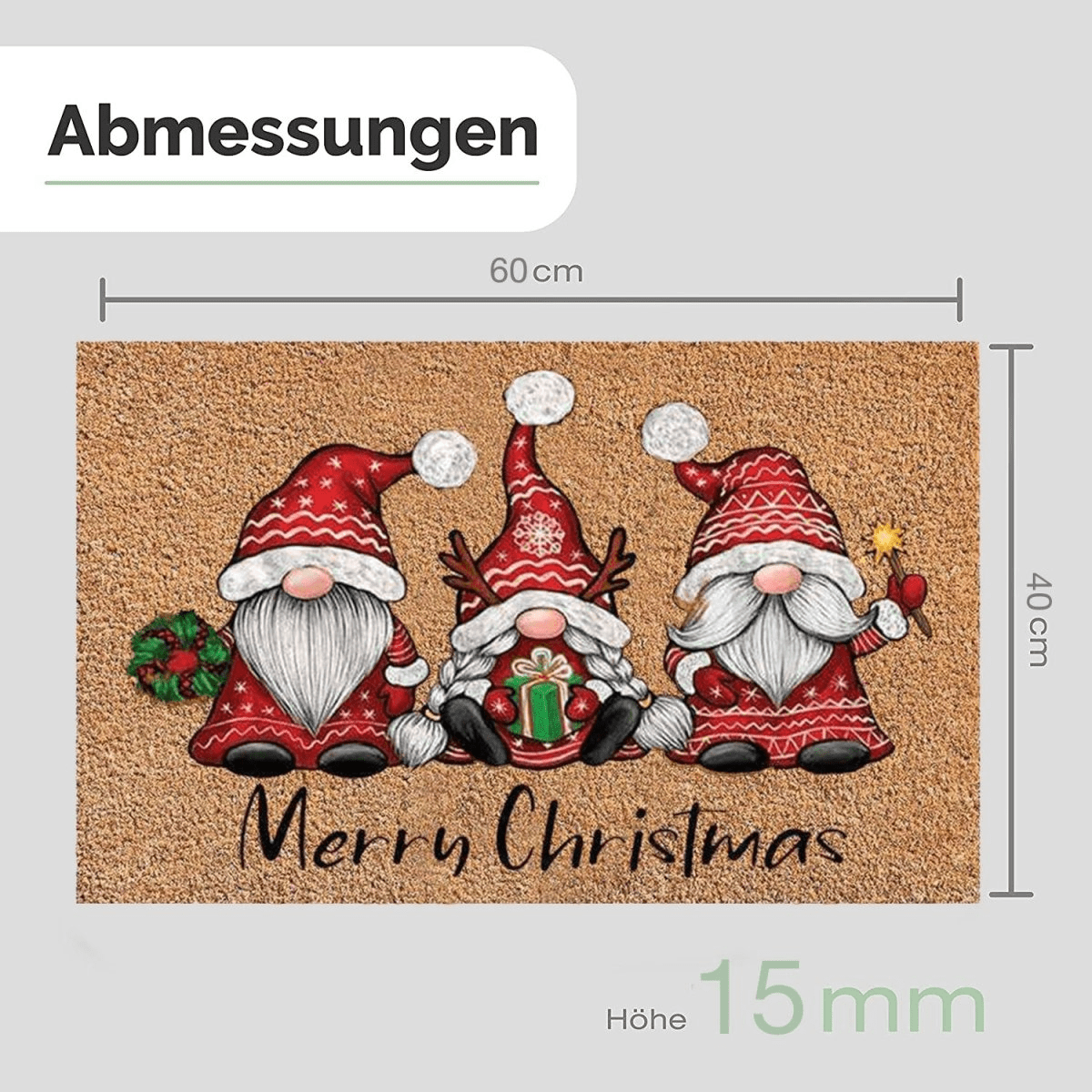 Maßgrafik zur Kokos-Fußmatte mit drei Weihnachtswichteln und Merry-Christmas-Schriftzug: 60 × 40 cm