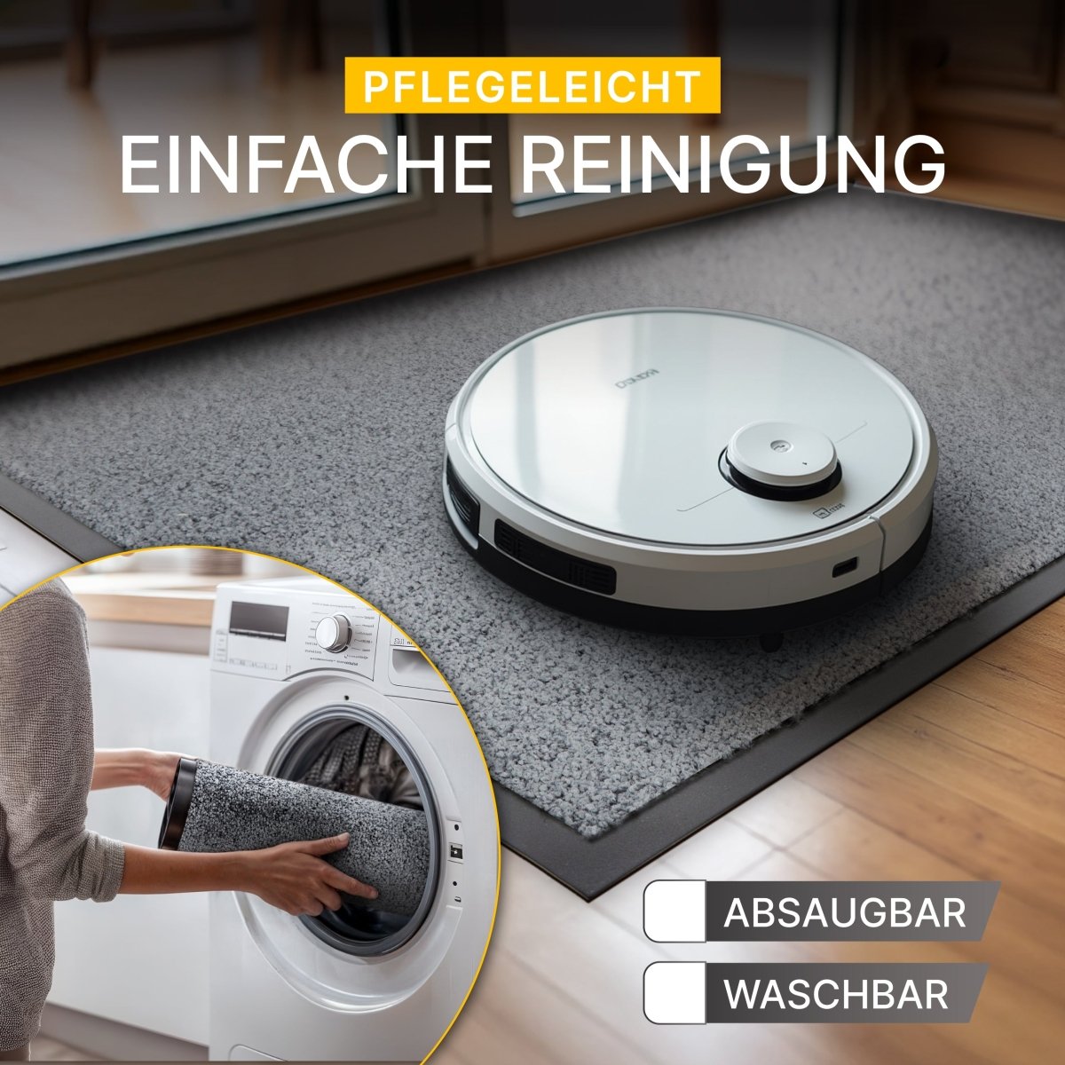Waschbare Fußmatte wird in Waschmaschine gelegt