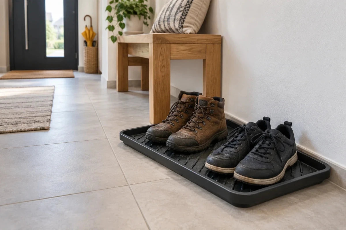 Zwei Schuhpaare stehen vollständig in einer schwarzen Schuhabtropfschale neben einer Sitzbank; der Gehweg im hellen Flur bleibt frei.