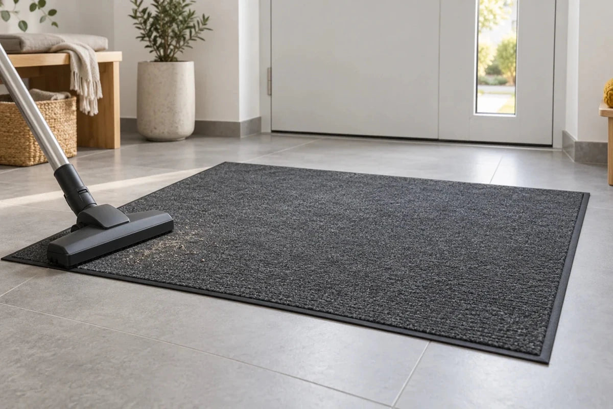 Anthrazitfarbene textile Fußmatte im hellen Eingangsflur; ein Staubsaugerkopf nimmt losen Sand von der Oberfläche auf