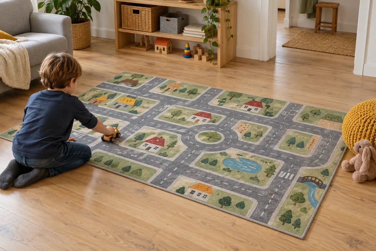 Ein Kind spielt mit einem gelben Spielzeugauto auf einem Straßen-Spielteppich in einem hellen Kinderzimmer.