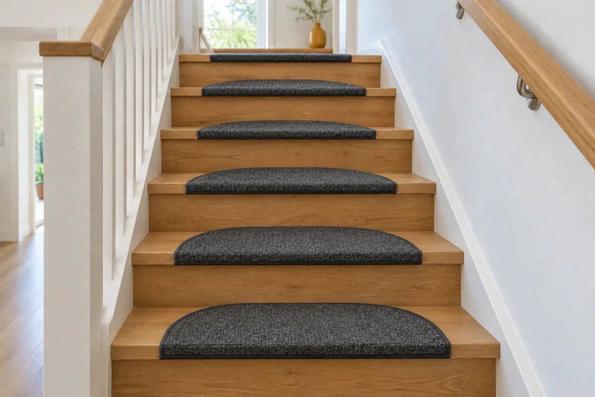 Gerade Holztreppe mit mittig angeordneten anthrazitfarbenen textilen Stufenmatten und einem Handlauf an der Wand.