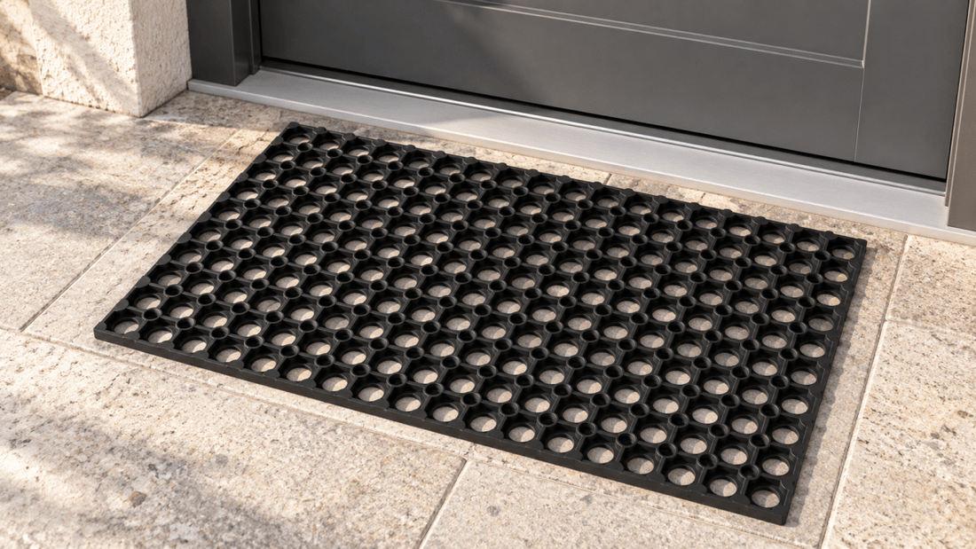 Schwarze Ringgummimatte auf Steinboden vor einer Haustür