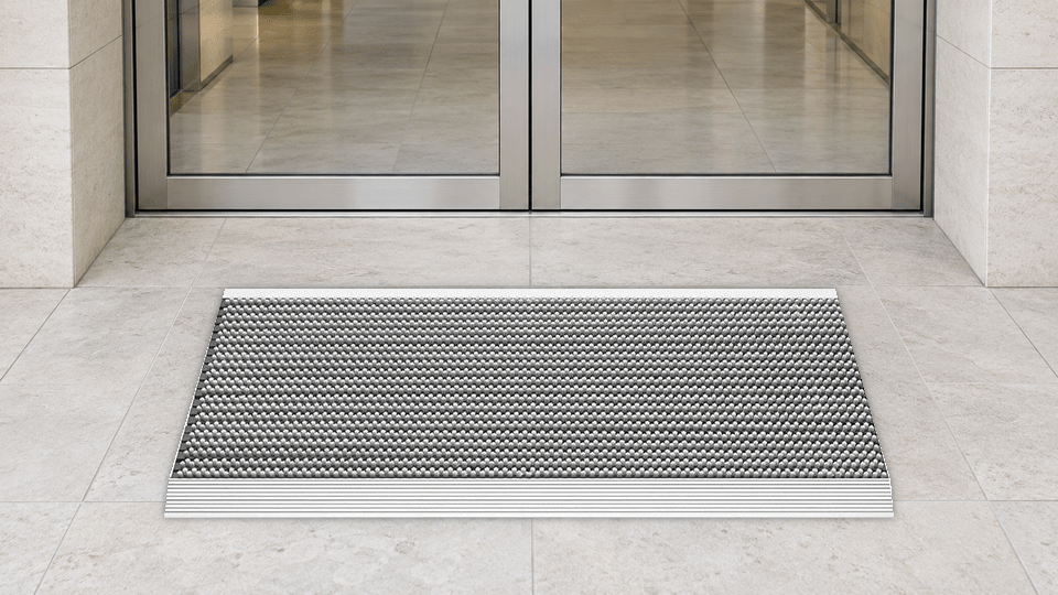 Graue Bürstenmatte mit silbernen Aluminiumprofilen vor einem Glaseingang