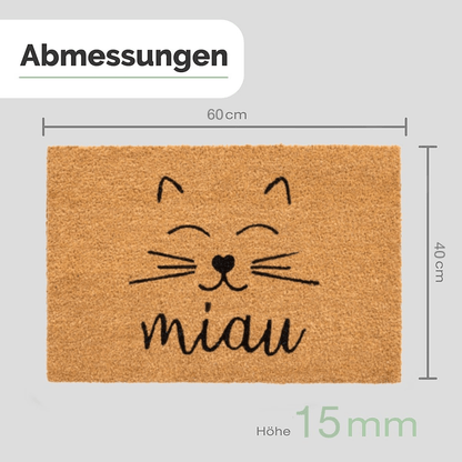 Maßgrafik der naturfarbenen Kokos-Fußmatte mit Katzengesicht und „miau“-Schriftzug: 60 × 40 cm