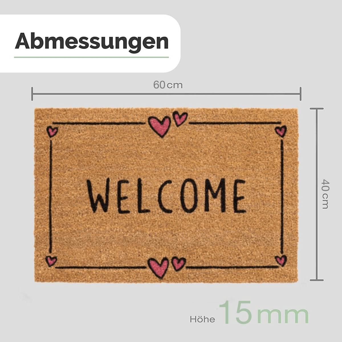 Maßgrafik der Kokos-Fußmatte mit „Welcome“, rosa Herzen und Linienrahmen: 60 × 40 cm