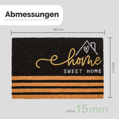 Maßgrafik der gestreiften Kokos-Fußmatte mit „Home Sweet Home“ und Hausumriss: 60 × 40 cm