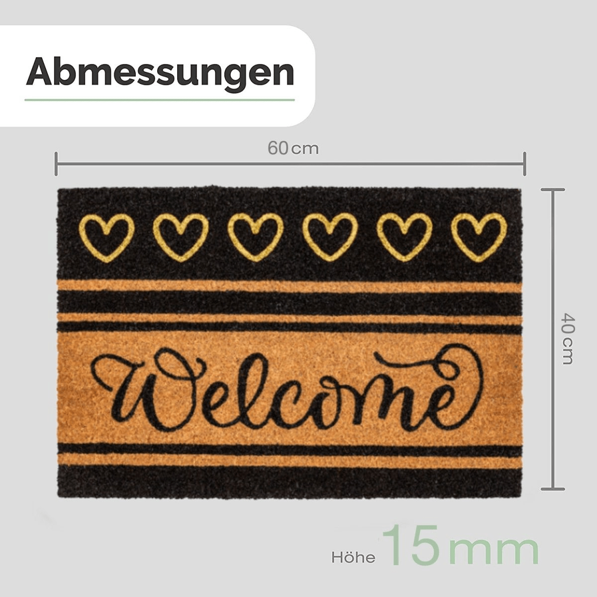 Maßgrafik der Kokos-Fußmatte mit sechs Herzen, Querstreifen und „Welcome“: 60 × 40 cm