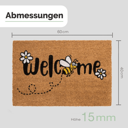 Maßgrafik zur Kokos-Fußmatte mit Welcome-Schriftzug, Blumen und Biene: 60 × 40 cm