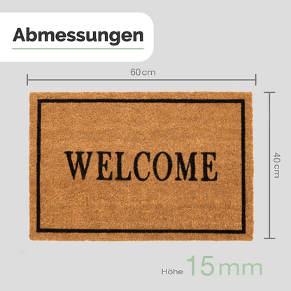 Maßgrafik zur Kokos-Fußmatte mit schwarzem Welcome-Schriftzug und rechteckigem Rahmen: 60 × 40 cm