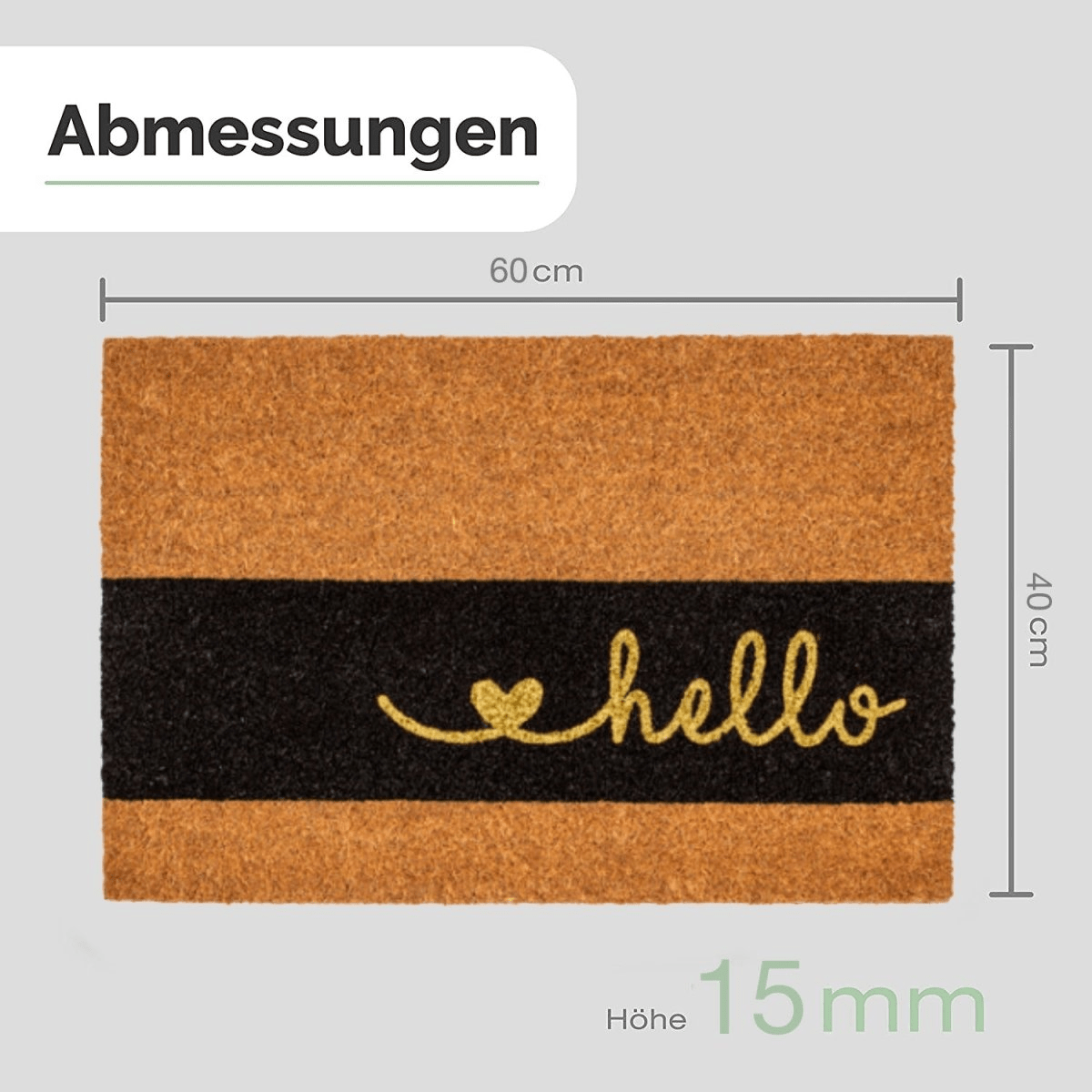Maßgrafik zur Kokos-Fußmatte mit schwarzem Querstreifen, Hello-Schriftzug und Herz: 60 × 40 cm