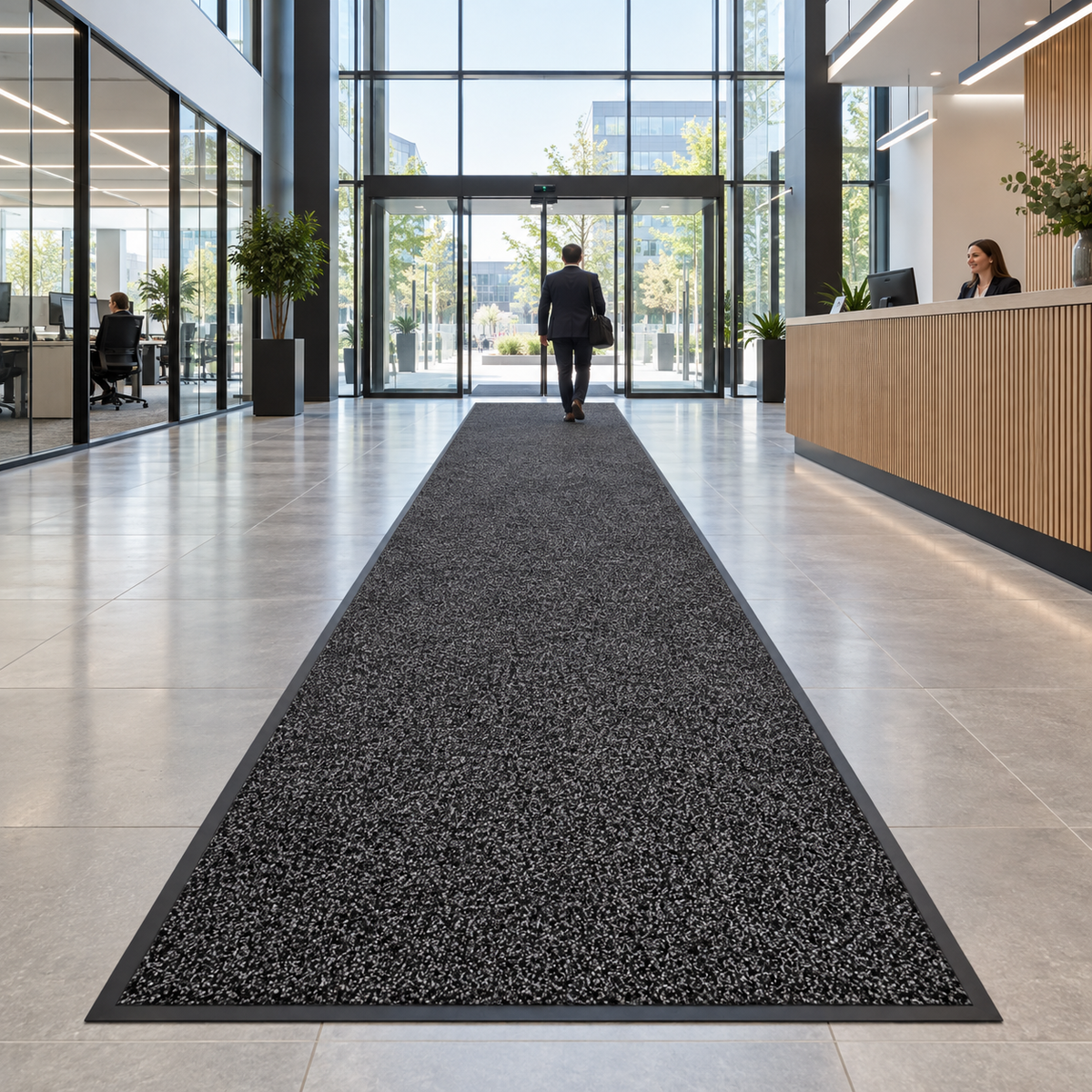 KI-generiertes Anwendungsbeispiel: lange ENTRO-Schmutzfangmatte nach Maß im Bürofoyer.