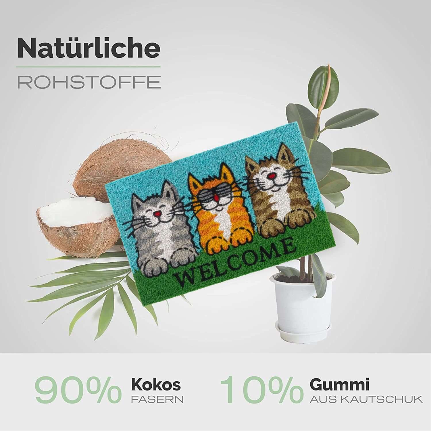 Kokos Fussmatte grinsenden aus Katzen Entrando & mit Welcome Motiv
