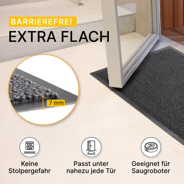 Flache Fußmatte aus Polypropylen unter geöffneter Tür