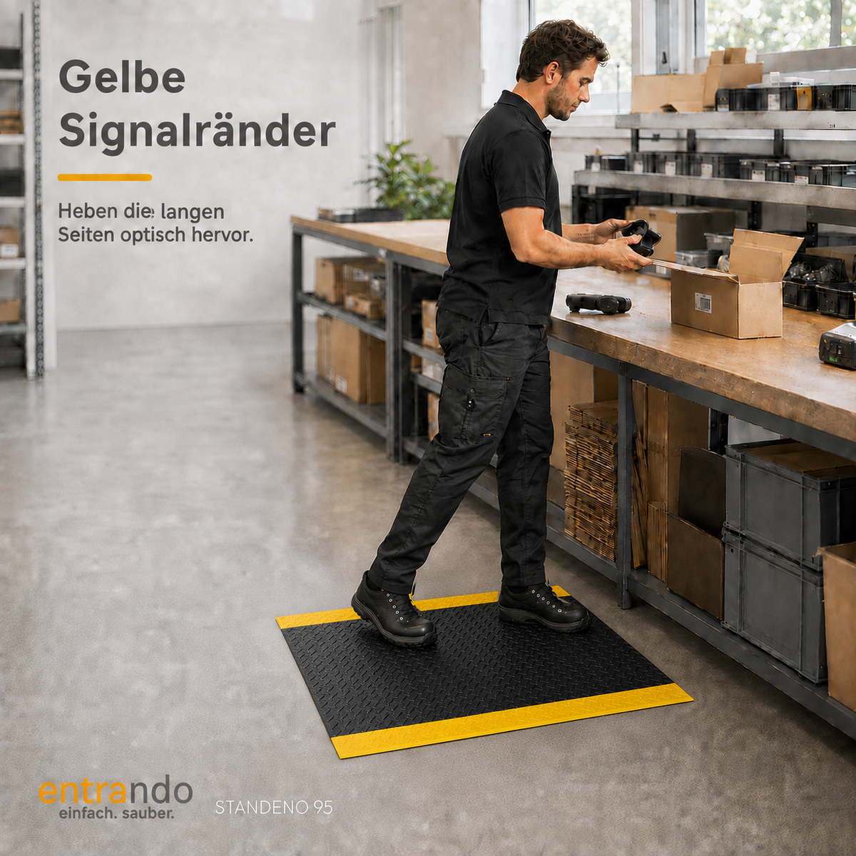 Entrando STANDENO 95 in Schwarz-Gelb, 60 × 90 cm: gelbe Längsseiten am Arbeitsplatz.