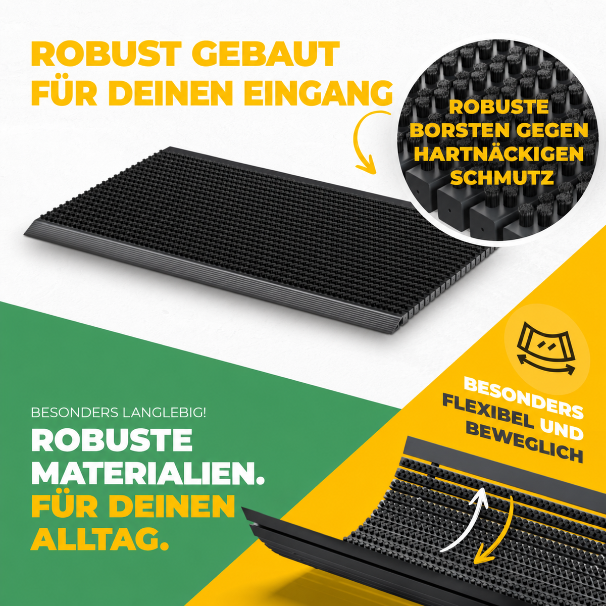 DUROMAS-Bürstenmatte für außen mit Nahaufnahme der Borsten und Darstellung der biegsamen Konstruktion.