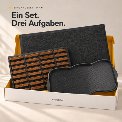 Ein Set. Drei Aufgaben. Entrando Eingangsset Maxi mit Innenmatte Anthrazit, Kokos-Gummi-Matte Braun/Schwarz und schwarzer Schuhschale. Inszenierung mit offener Verpackung.