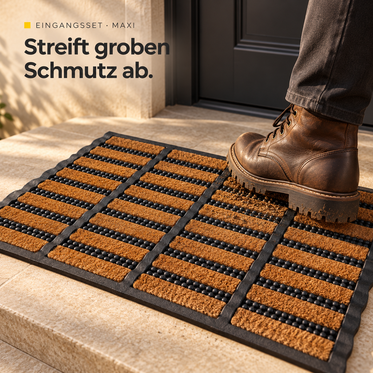Die Kokos-Gummi-Matte des Maxi-Sets streift groben Schmutz von Schuhsohlen ab. Darstellung im geschützten Eingangsbereich.