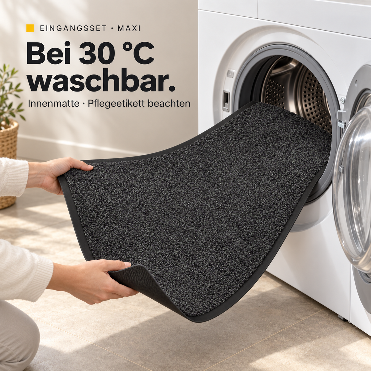 Die Innenmatte ist bei 30 Grad Celsius waschbar. Pflegeetikett und Maschinenkapazität beachten. Kokosmatte und Schale gehören nicht in die Waschmaschine.