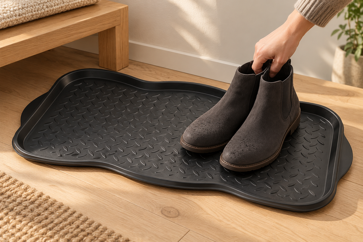 Ein Paar Schuhe wird in die schwarze Maxi-Schuhabtropfschale neben der Flurbank gestellt. Schuhe und Dekoration sind nicht enthalten.