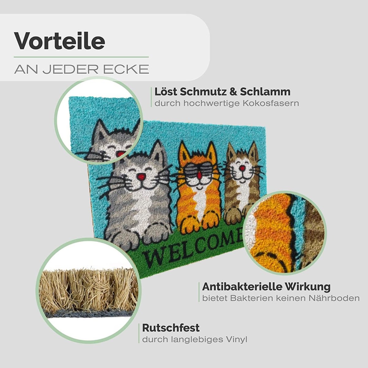 Entrando Fussmatte aus Kokos mit grinsenden Katzen Motiv &amp; Welcome - Entrando