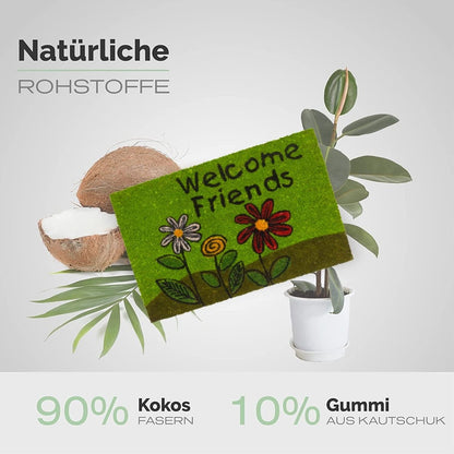Fußmatte aus Kokos mit Blumen Motiv &amp; Welcome Friends Aufschrift - Entrando