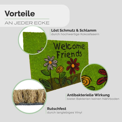 Fußmatte aus Kokos mit Blumen Motiv &amp; Welcome Friends Aufschrift - Entrando