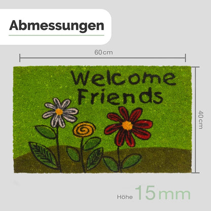 Fußmatte aus Kokos mit Blumen Motiv &amp; Welcome Friends Aufschrift - Entrando