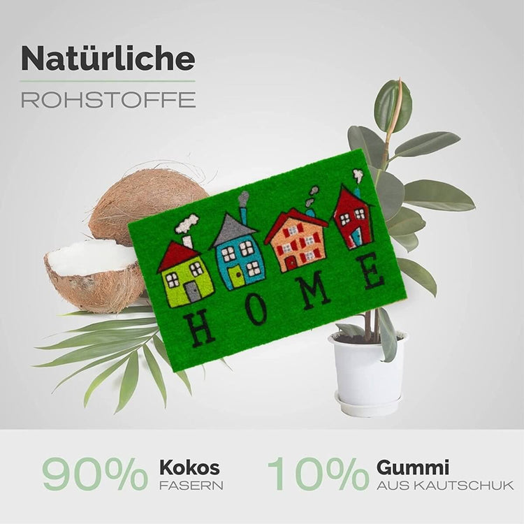Fussmatte aus Kokos mit Motiv aus bunten Häuser & Welcome Aufschrift - Entrando