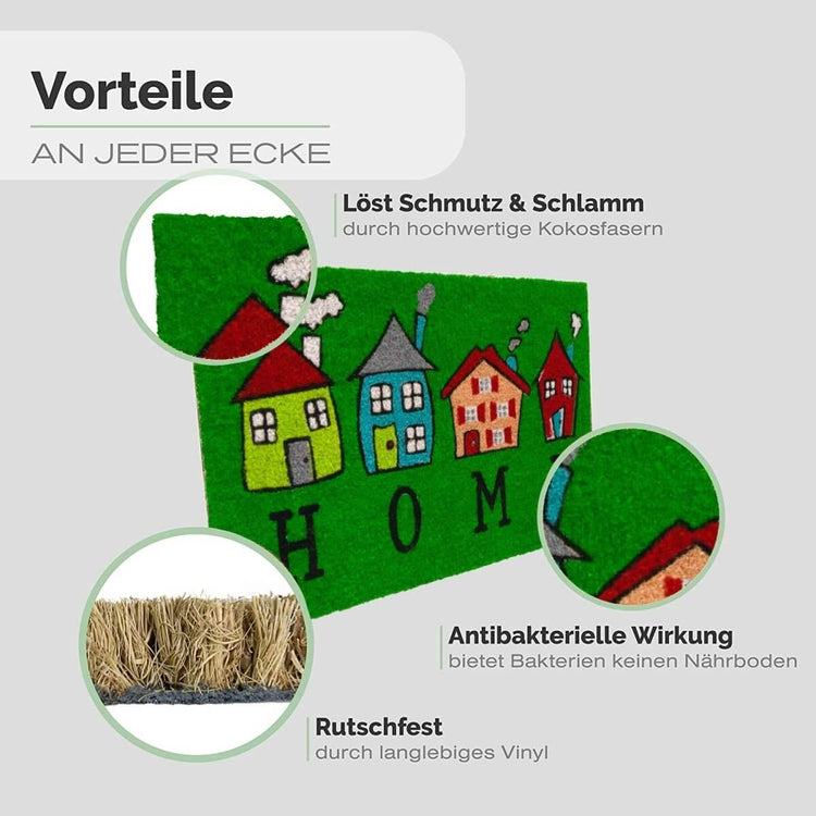 Fussmatte aus Kokos mit Motiv aus bunten Häuser & Welcome Aufschrift - Entrando