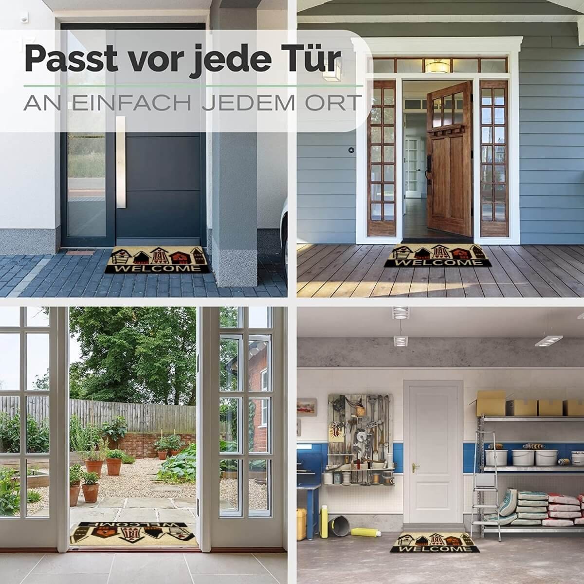 Fussmatte aus Kokos mit Vogelhäuser-Motiv &amp; Welcome - Entrando