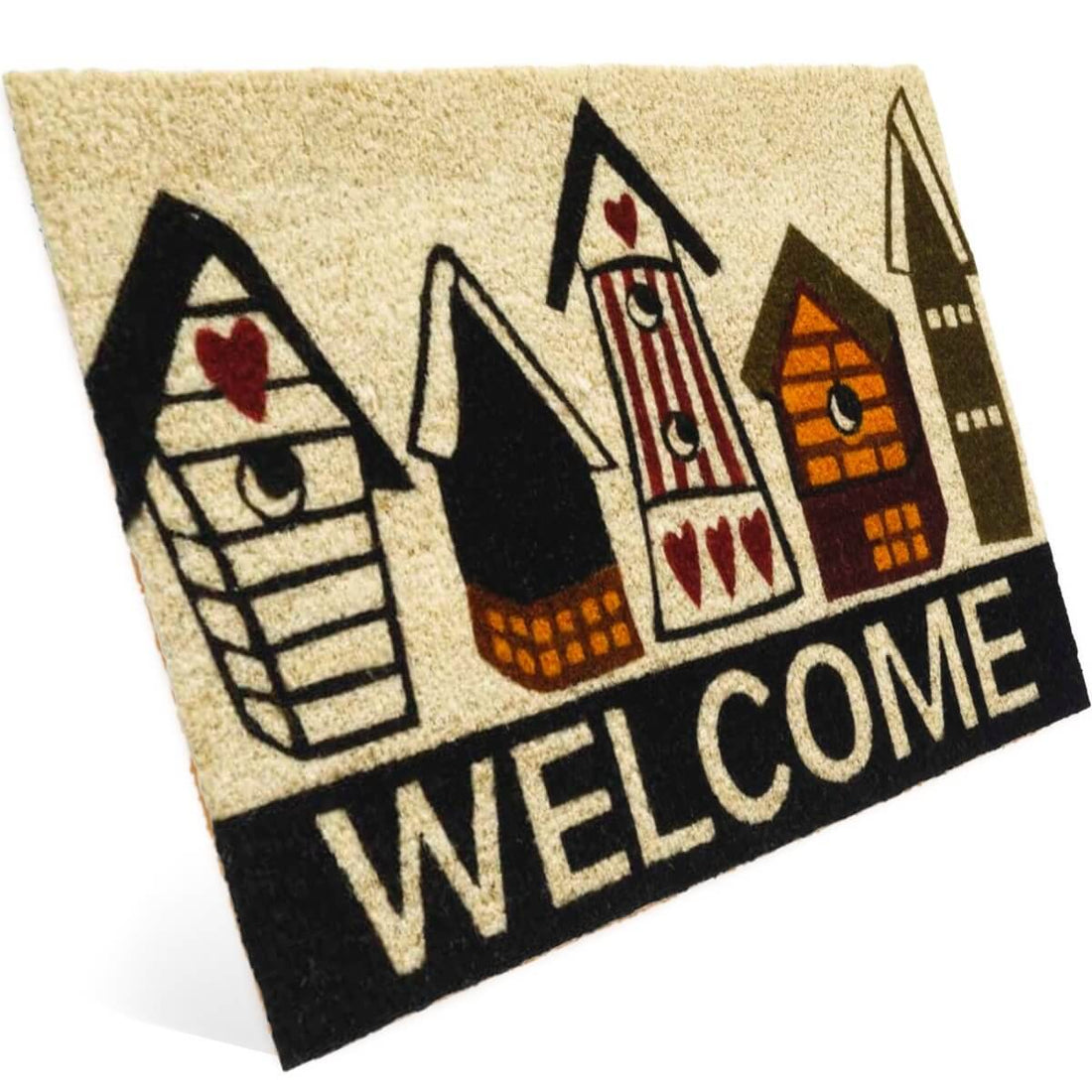 Fussmatte aus Kokos mit Vogelhäuser-Motiv &amp; Welcome - Entrando
