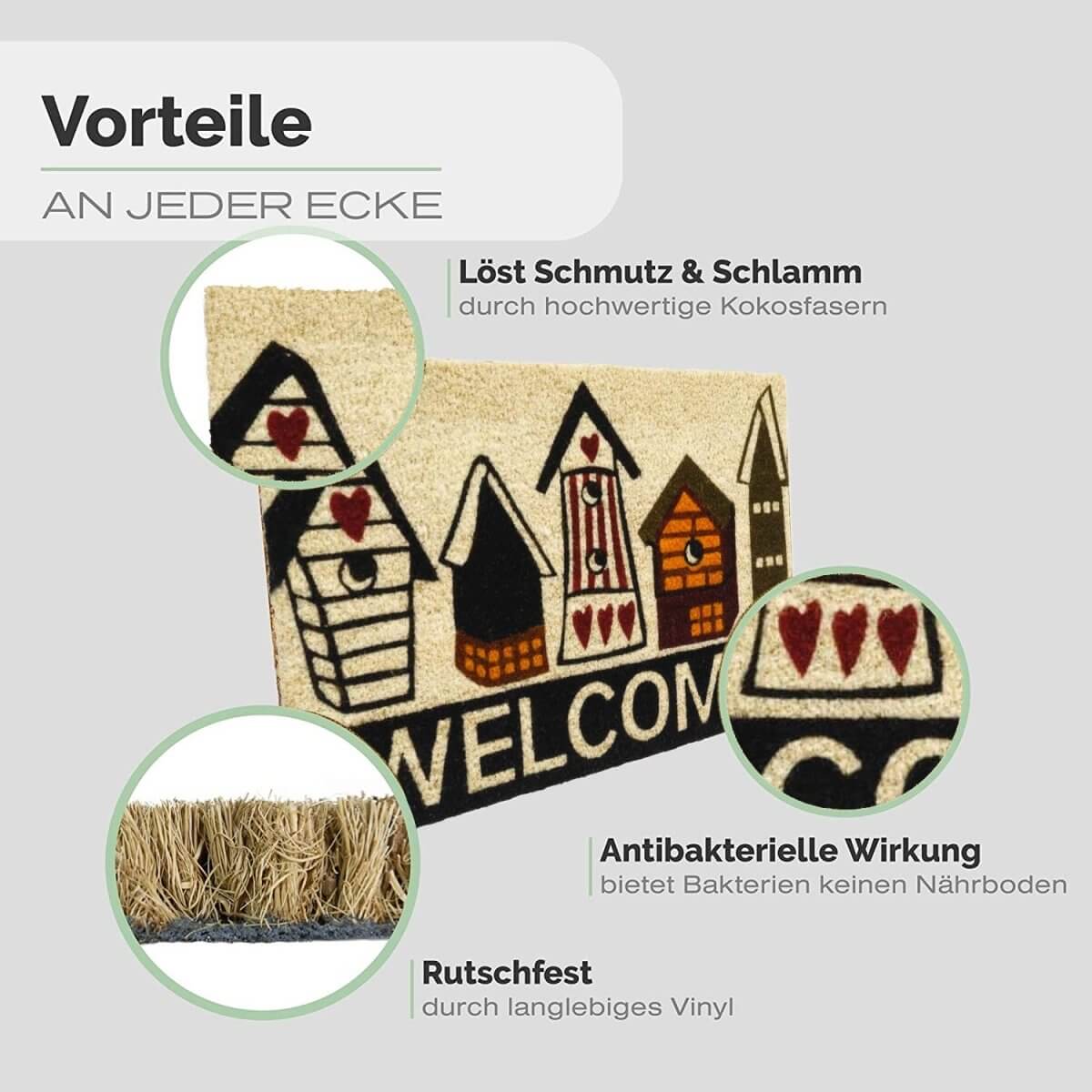 Fussmatte aus Kokos mit Vogelhäuser-Motiv &amp; Welcome - Entrando