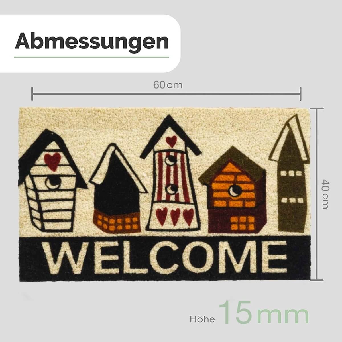 Fussmatte aus Kokos mit Vogelhäuser-Motiv &amp; Welcome - Entrando