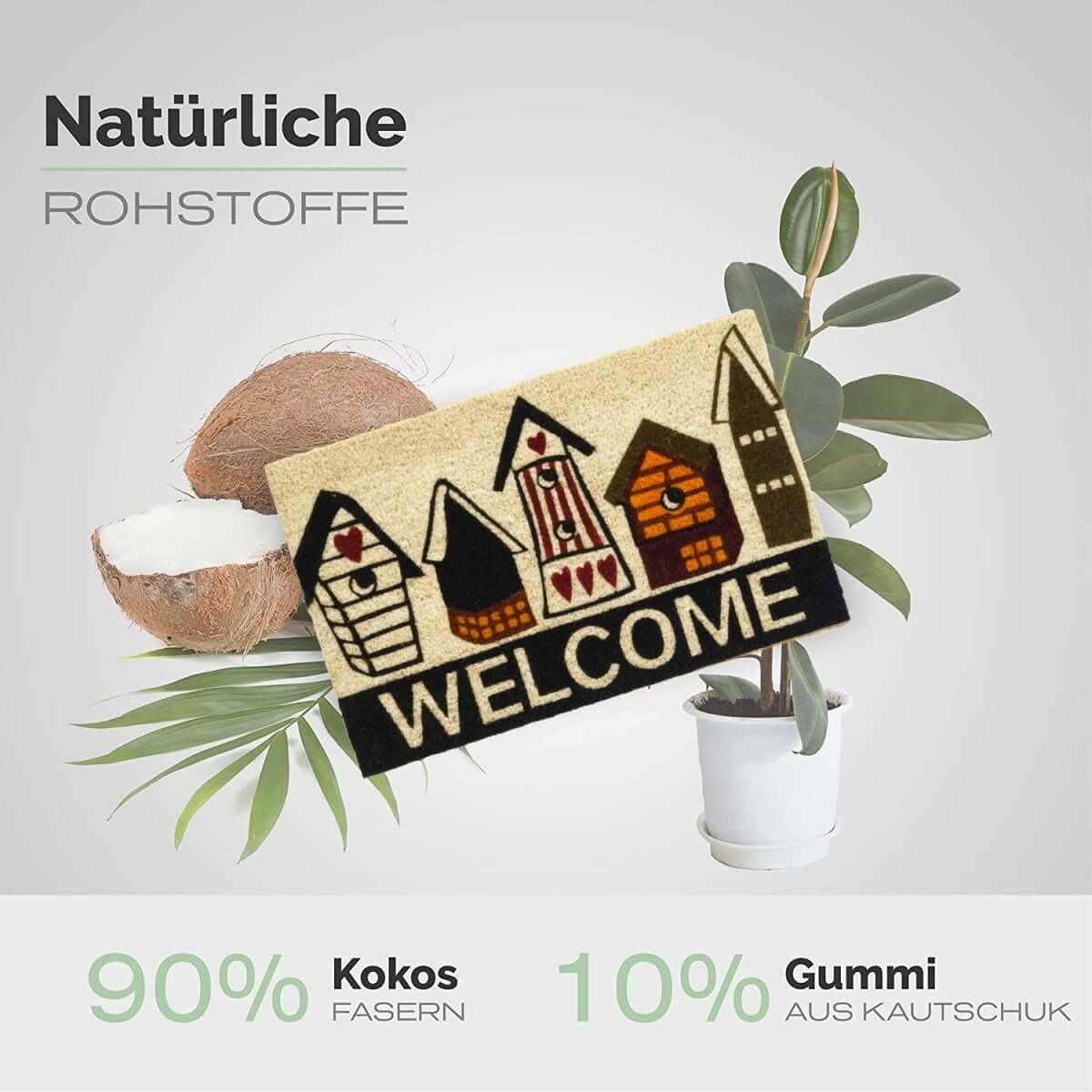 Fussmatte aus Kokos mit Vogelhäuser-Motiv &amp; Welcome - Entrando