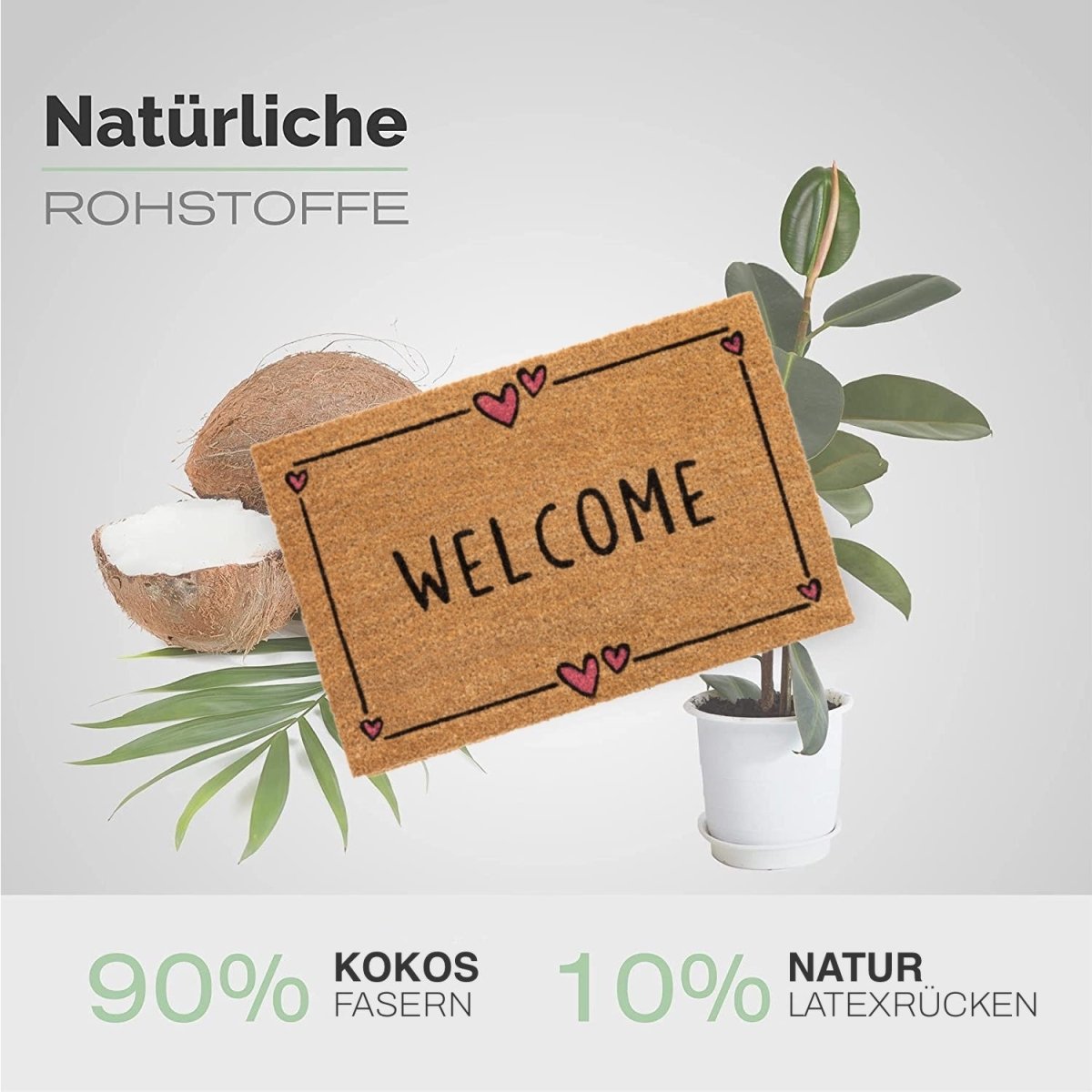 Fussmatte Kokos mit Welcome und rosa Herzen - Entrando