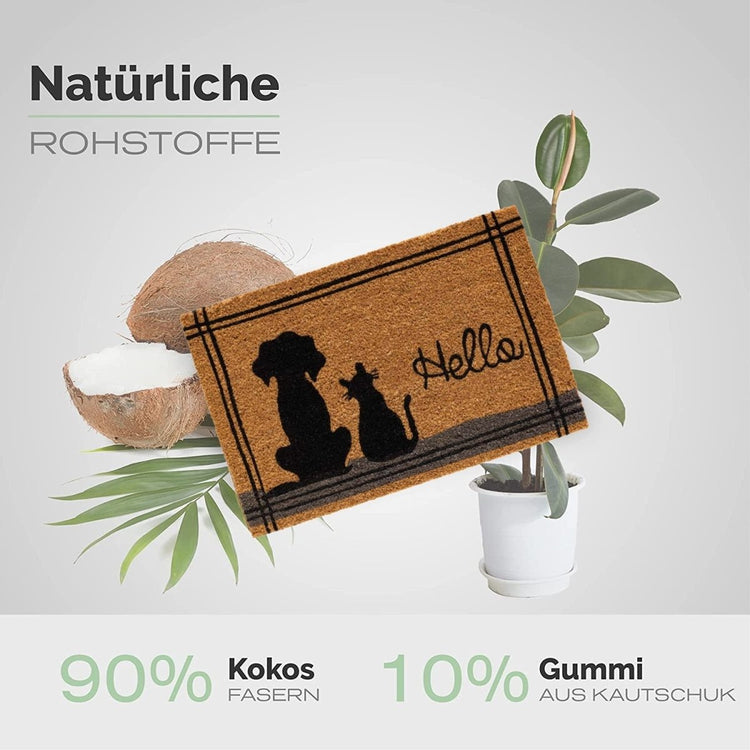 Kokos Fußmatte mit Hund und Katze & Hello - Entrando