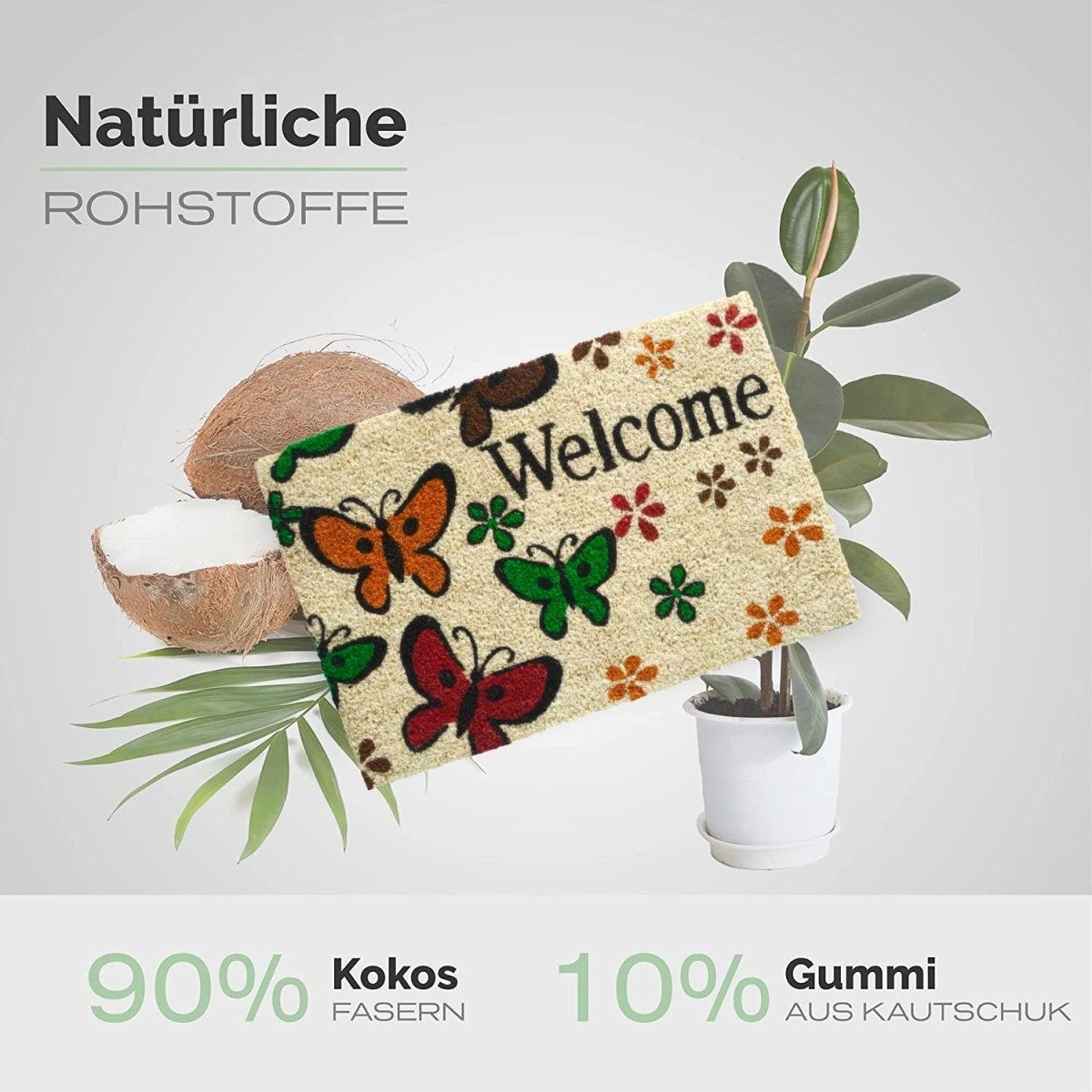 Kokos Fußmatte mit Schmetterlinge Motiv &amp; Welcome - Entrando