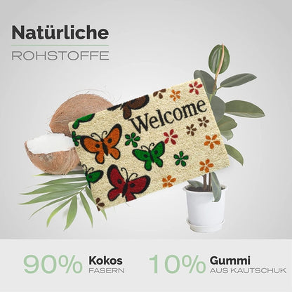 Kokos Fußmatte mit Schmetterlinge Motiv &amp; Welcome - Entrando