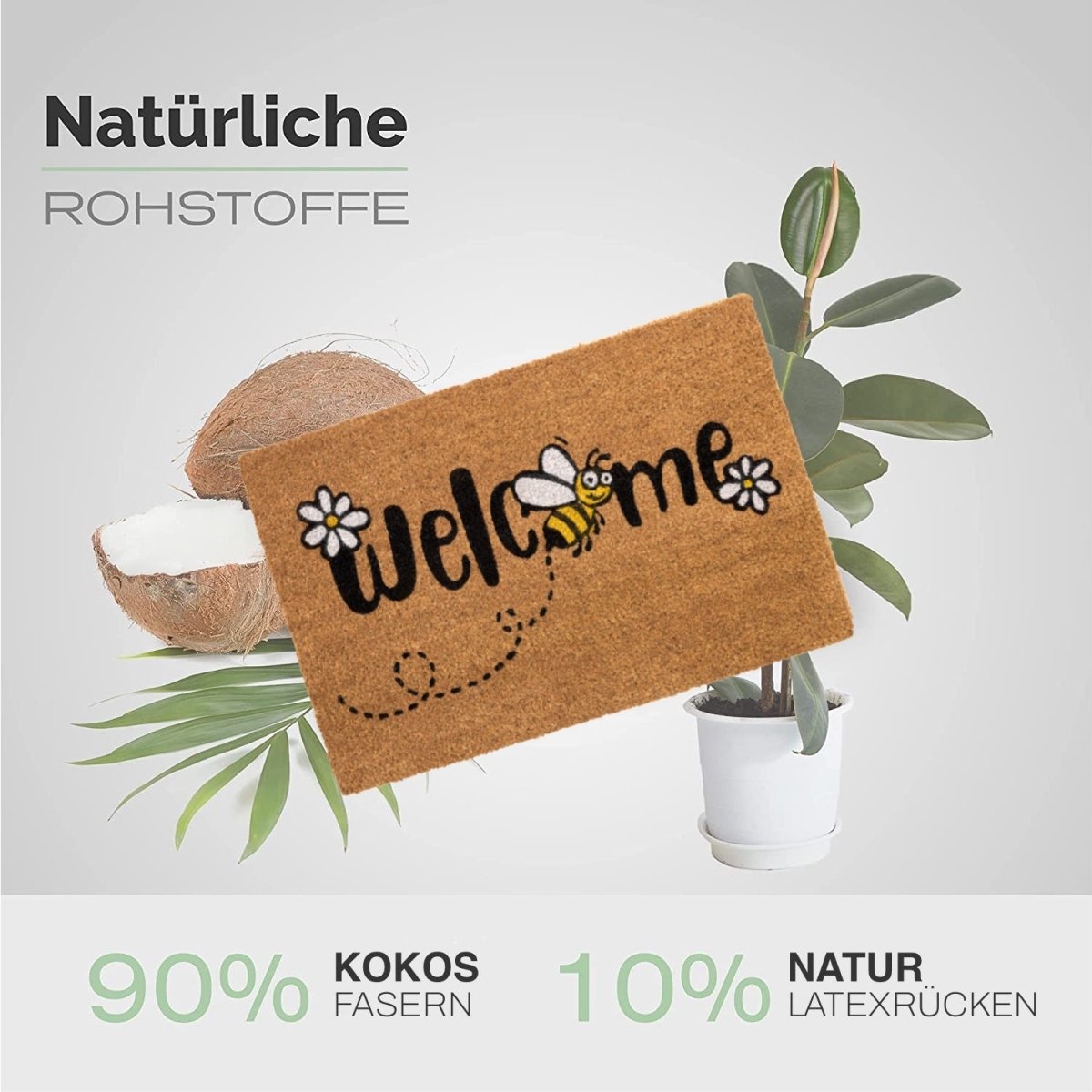 Kokos Fussmatte Welcome mit Blumen und Biene - Entrando