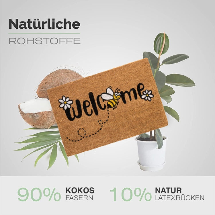 Kokos Fussmatte Welcome mit Blumen und Biene - Entrando