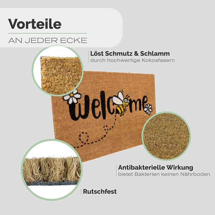 Kokos Fussmatte Welcome mit Blumen und Biene - Entrando
