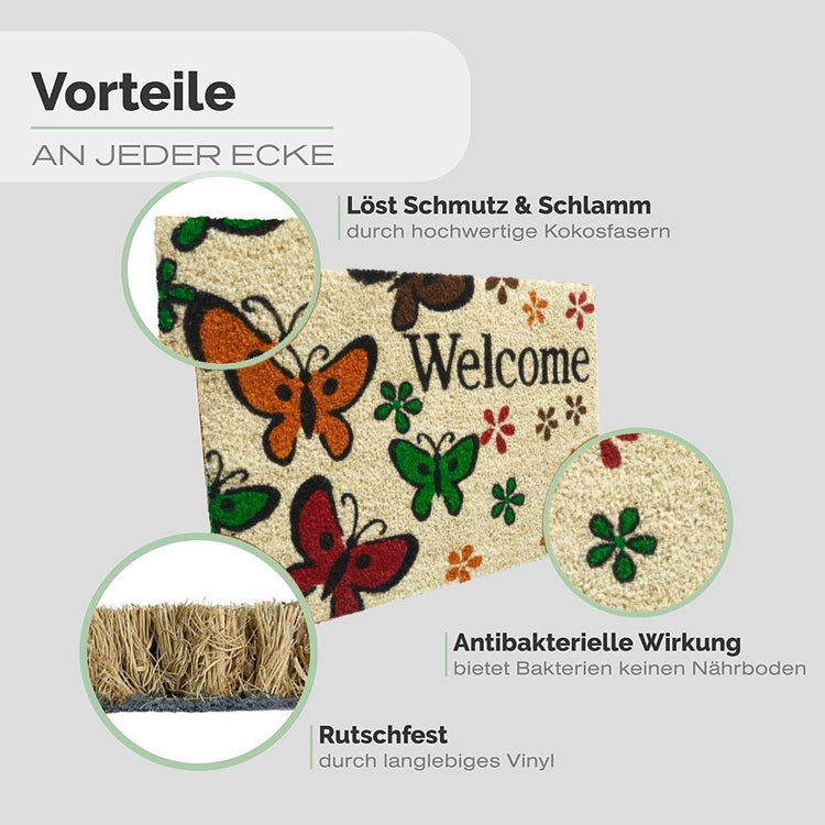 Kokos Fußmatte mit Schmetterlinge Motiv & Welcome - Entrando