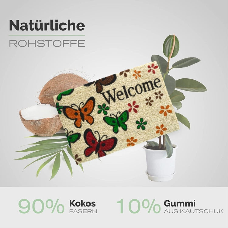 Kokos Fußmatte mit Schmetterlinge Motiv & Welcome - Entrando
